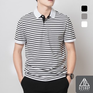 Áo thun polo nam D2shop, áo polo nam sọc ngang, màu trắng
