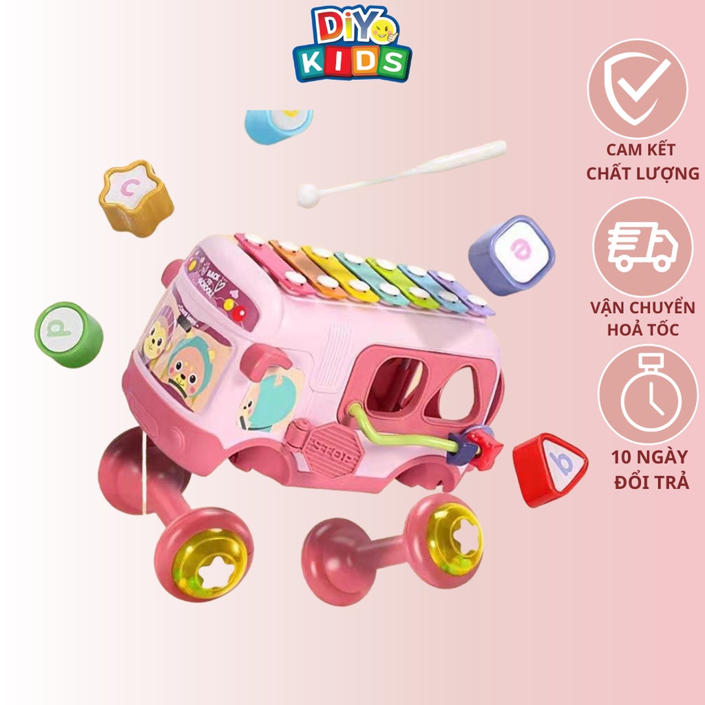 Đồ Chơi Xe Ô Tô Đa Năng 5 Trong 1-Xe Bus Kéo Kết Hợp Đàn Gõ Piano, Xếp Hình Khối, Luồn Hạt-Đồ Chơi Sáng Tạo DiYo Kids