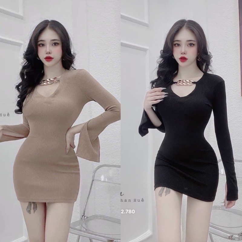 Đầm Tay Dài Cổ V Phối Dây Xích Khoen - Dáng Ngắn Ôm Body Sexy - Tiểu Thư Bánh Bèo Cute Sang Chảnh - Thun Gân Đơn Giản