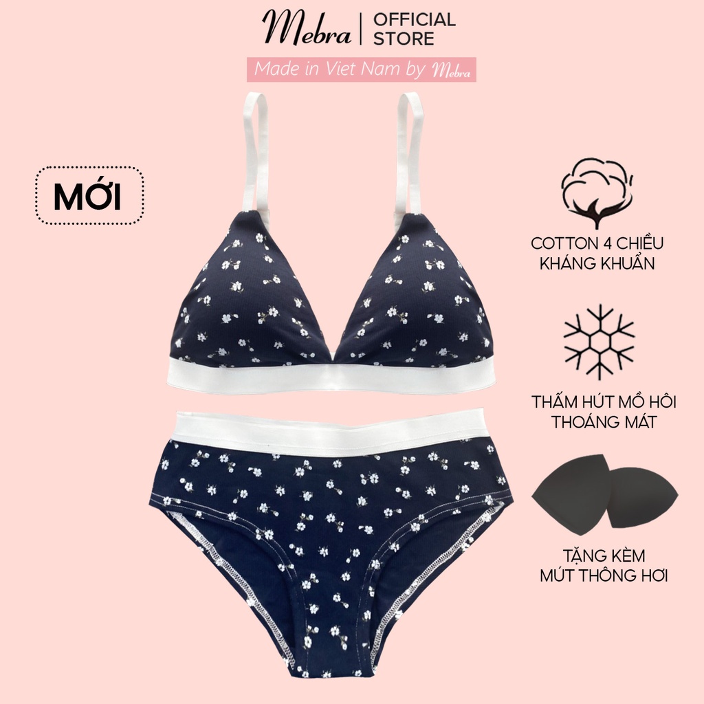 Bộ đồ lót Bikini nữ cotton gân co giãn xanh đen hoạ tiết hoa nhí xinh xắn mùa hè không gọng mút mỏng tháo rời Mebra A063 | BigBuy360 - bigbuy360.vn
