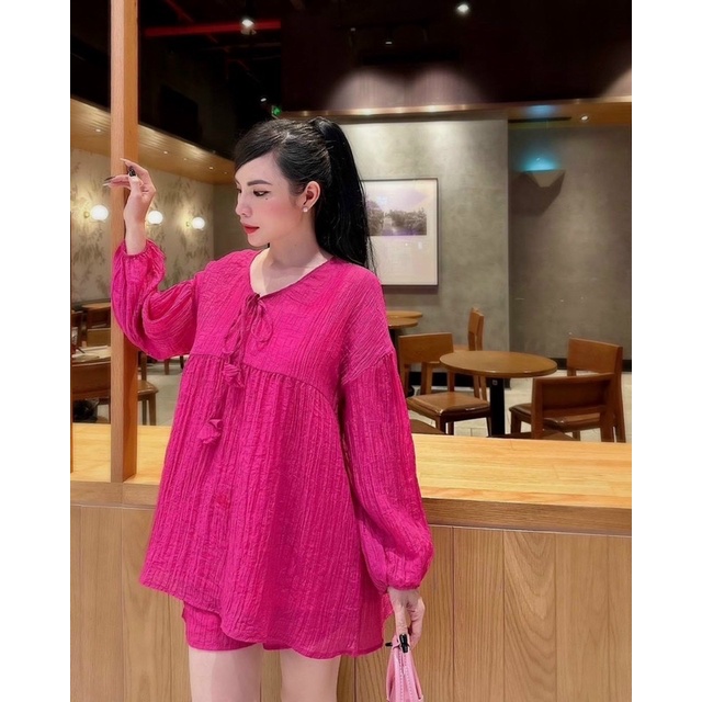 Set Bộ Babidoll Tay Phồng Kèm Quần Short Màu Hottreen