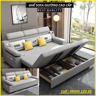 Giường ngủ sofa gấp gọn thành ghế sofa. nệm cao su. giường sofa vải lanh cao cấp có ngăn chứa đồ, cổng sạc usb.