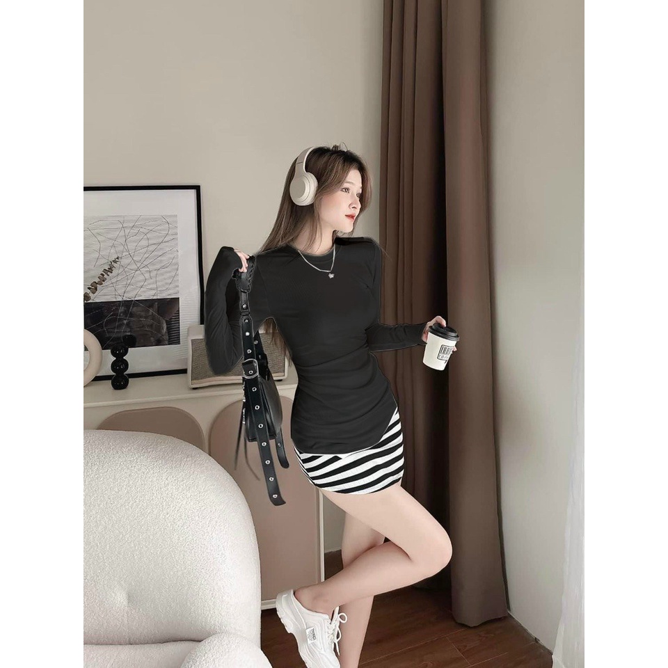 Set bộ đồ body nữ form dài tay mix chân váy sọc ngang xinh xắn, cute dành cho các nàng