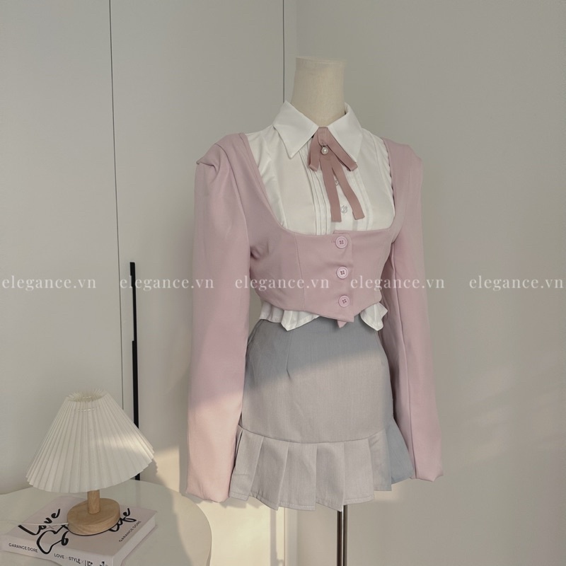 Set áo sơmi croptop kiểu dài tay layer vest hồng đáng yêu + chân váy ngắn thời trang nữ sinh Hàn Quốc