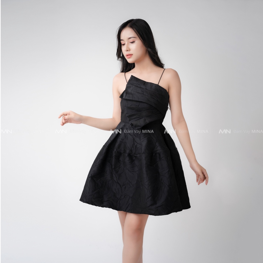Đầm dự tiệc MINA thiết kế hai dây đắp nơ ngực dáng xoè phồng ngắn mini vải gấm đen sang trọng xinh đẹp MN127