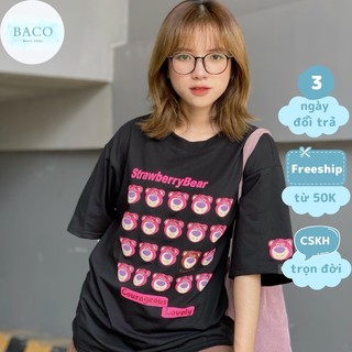 Áo thun nữ form rộng tay lỡ in GẤU DÂU StrawberryBear siêu dễ thương - black&pink