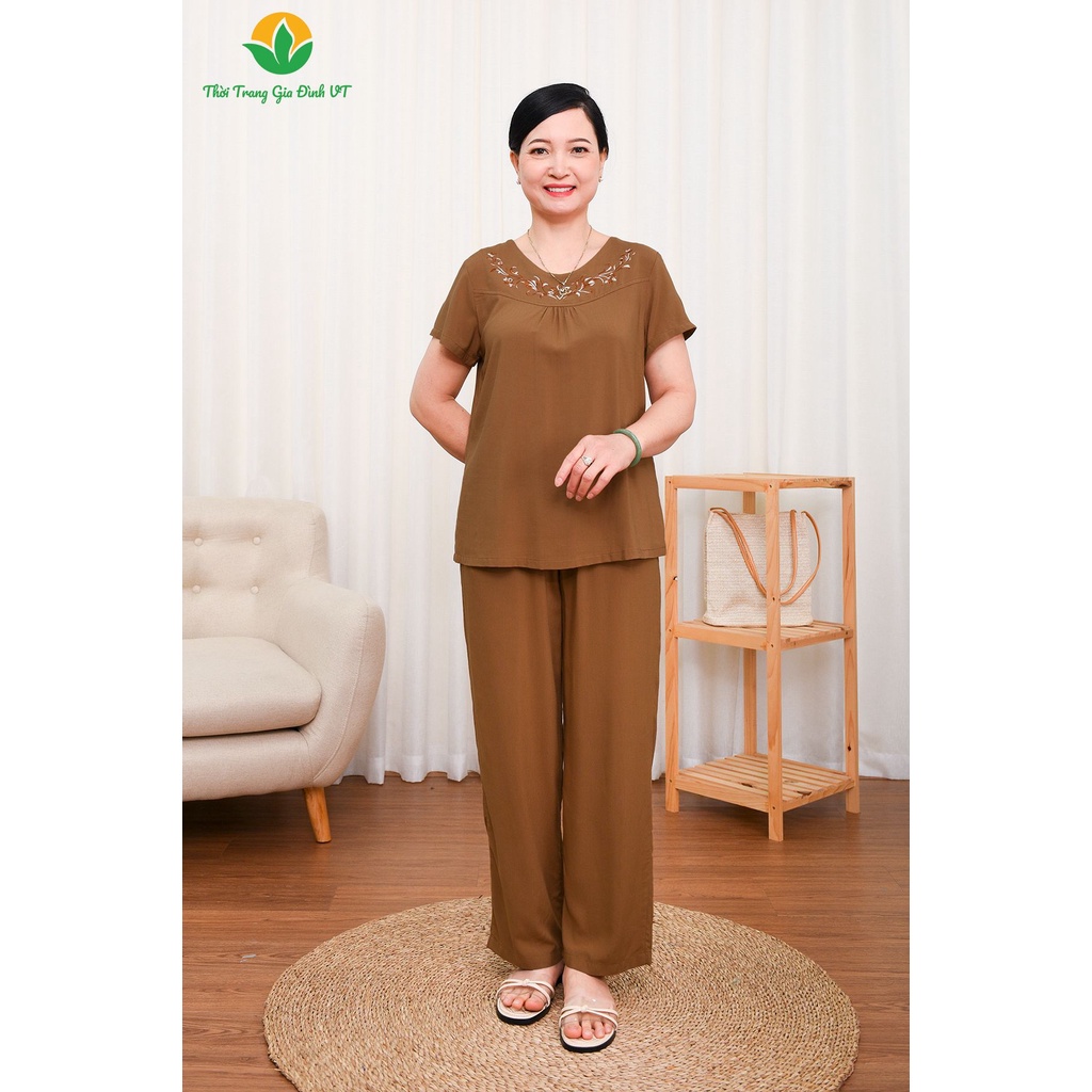 Đồ bộ mặc nhà trung niên Việt Thắng quần dài, áo cộc tay, chất lanh tole - B28.2302