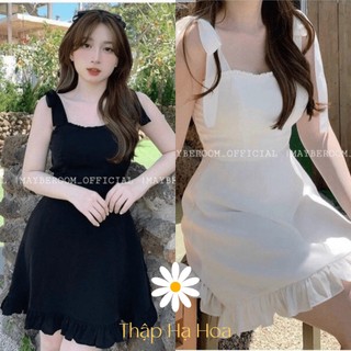 Váy 2 dây trắng dáng xoè, đầm 2 dây đen viền nhún bèo AS275
