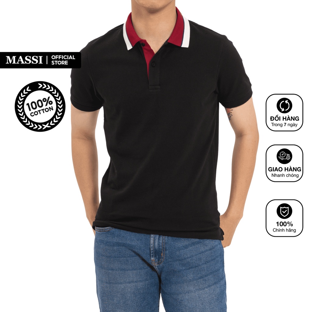 Áo Polo nam Massi 29 màu đen trơn cổ bẻ phối đỏ trắng vạch đen, chất liệu vải co giãn