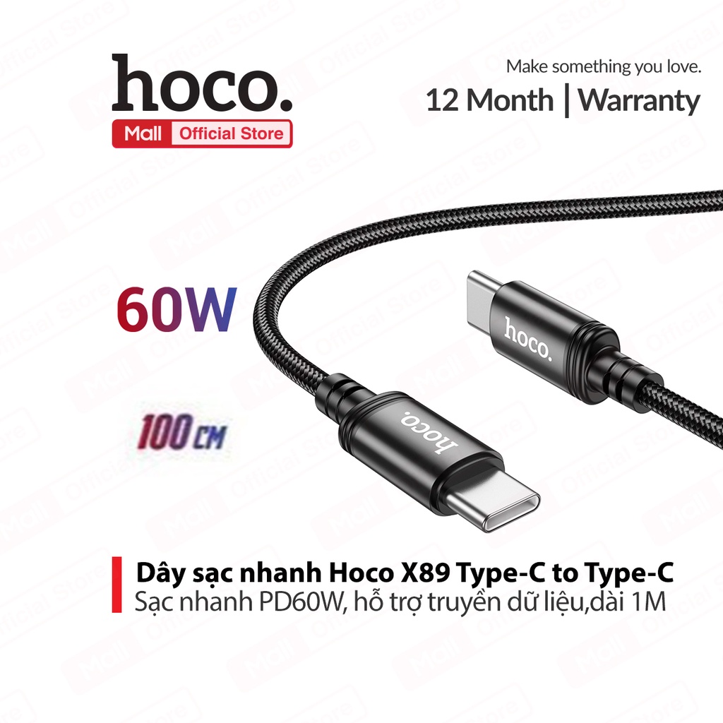 Cáp sạc sạc nhanh Hoco X89 Type-C to Type-C PD60W hỗ trợ truyền dữ liệu, dây bọc dù chống đứt dài 100CM