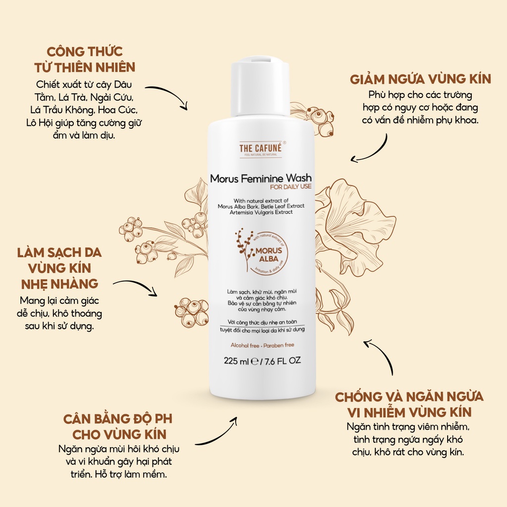 Dung Dịch Vệ Sinh Phụ Nữ Morus Feminine Wash The Cafuné, Chiết Xuất Dâu Tằm, Dưỡng Ẩm, Ngăn Mùi, Ngừa Khuẩn 225ml