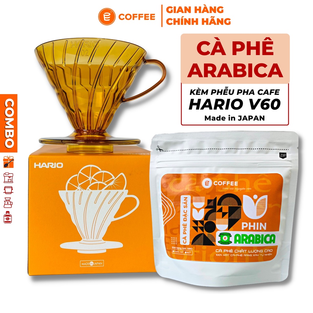 Cafe Arabica đặc sản kèm phễu và giấy lọc Hario với hương trái cây khô vị chua thanh nhẹ nhàng, hậu vị ngọt từ E COFFEE