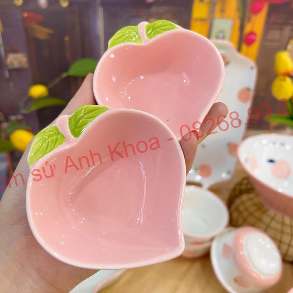 Siêu Sale - Bát Đĩa Gốm Sứ Decor, Bát Ăn Cơm, Bát Ăn Chè, Chén Dĩa Dễ Thương Bộ Đào Hồng 14 Món Xinh Yêu Cho Gia Đình