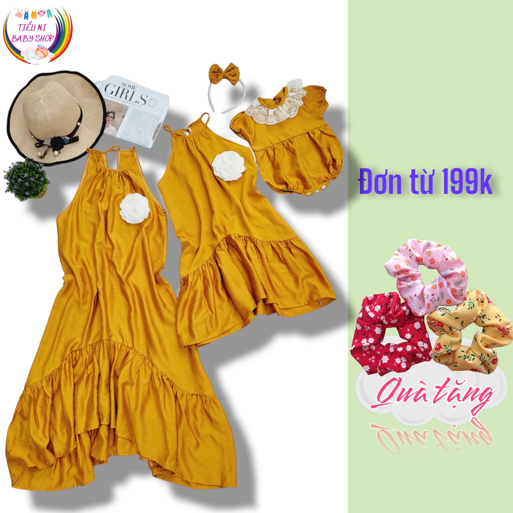 Đầm Đôi, Váy Đôi Cho Mẹ Và Bé Gái. Chất Vải Đũi Mềm Mịn, Váy Thiết Kế Dáng Dài, Form Suông Cơ Bản- Màu Vàng