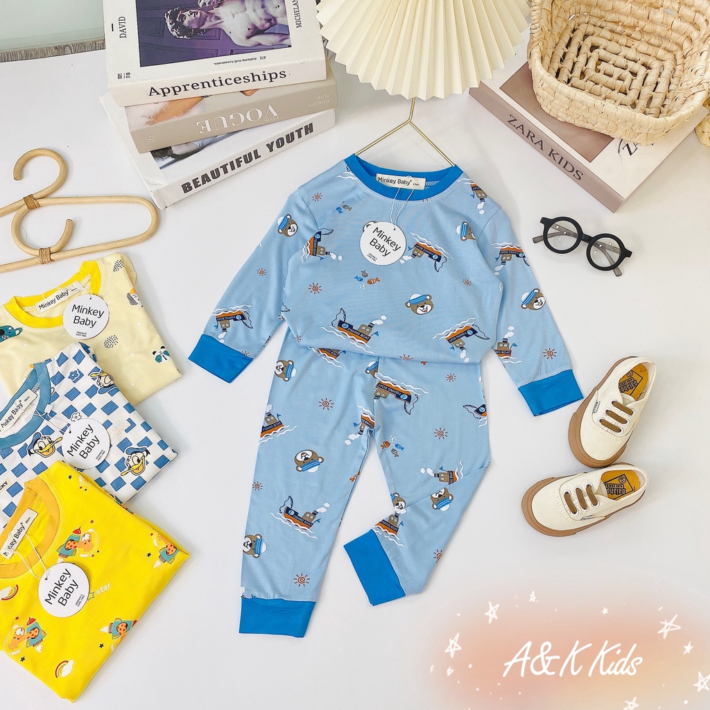 Bộ dài tay in họa tiết phối viền,thun lạnh minky mịn mát cho bé trai, gái size 6-30kg M.59