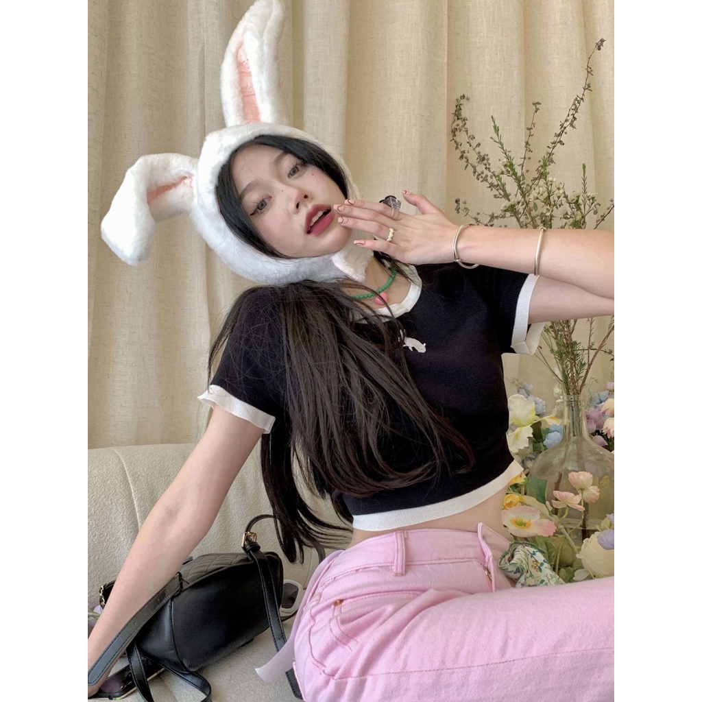 Lalisas Áo Croptop Dệt Kim Tay Ngắn Cổ Tròn Thời Trang Hàn Quốc vintage Quyến Rũ Cho Nữ