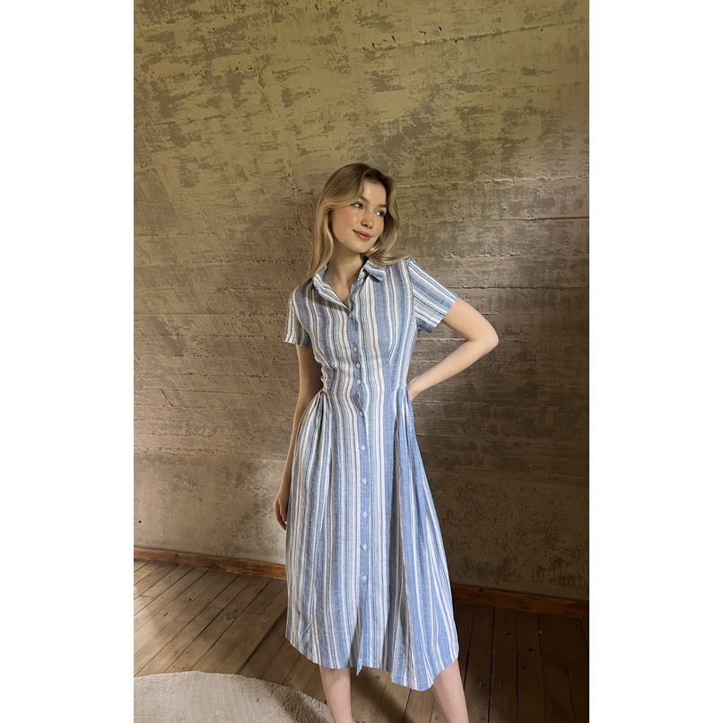TIFFANY STUDIOS - Đầm Kẻ Sọc Dáng Dài Cổ Sơ Mi - JENIFER DRESS