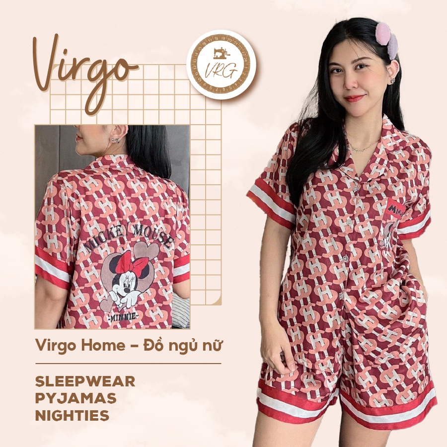 Đồ bộ ngủ nữ lụa xước cao cấp VIRGO tay ngắn quần ngắn không nhăn không xù pyjamas họa tiết đáng yêu dễ thương 02