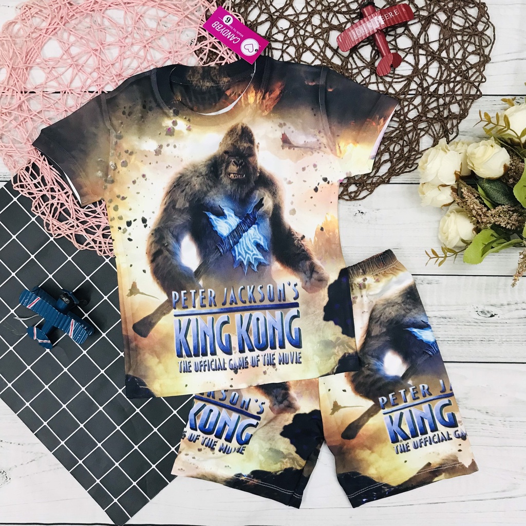 Đồ bộ bé trai in hình King Kong và Godzilla chiến đấu, bộ thun lạnh tay ngắn trẻ em size đại từ 10kg -60kg