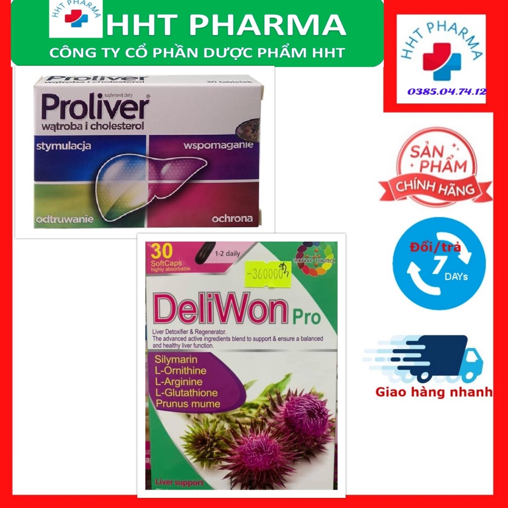 DeliWon Pro và Proliver Sản phẩm hỗ trợ chức năng gan, giải độc gan. Nhập khẩu Châu Âu. Hộp 30 Viên.