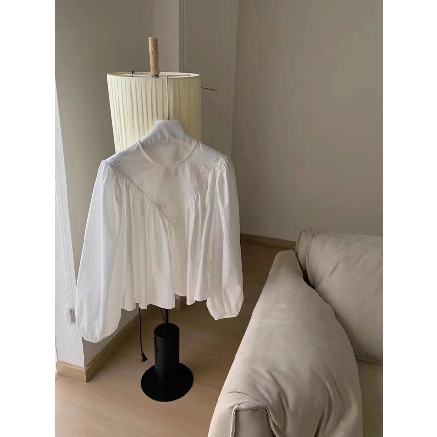 Áo babydoll thô nến thêu EMIX, áo sơ mi freesize dưới 55kg, tay bồng, cổ tròn, form rộng 064