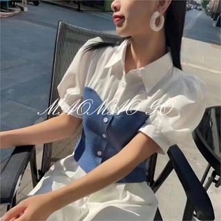  Áo Sơ Mi Tay Ngắn Phồng Giả Hai Lớp Cài Khuy Thời Trang Thường Ngày Cho Nữ