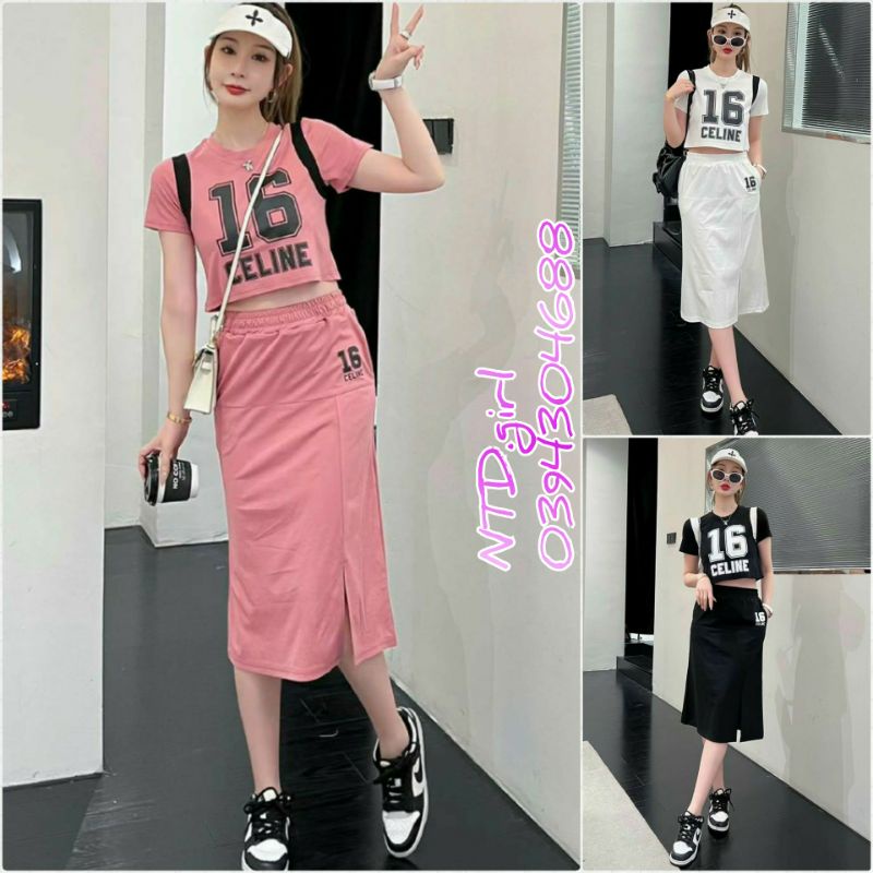 Hàng nhập - Set bộ nữ thun cotton in chữ xì tin, sét đồ thờ trang gồm áo croptop và chân váy ôm