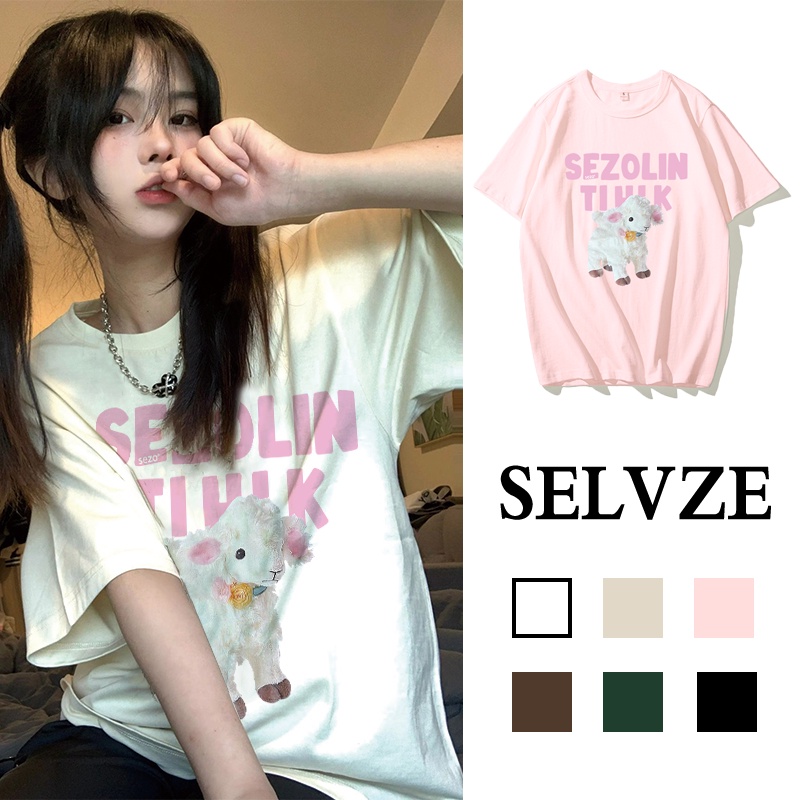 SELVZE Áo Thun cotton Tay Ngắn Dáng Rộng In Họa Tiết Vintage Thời Trang