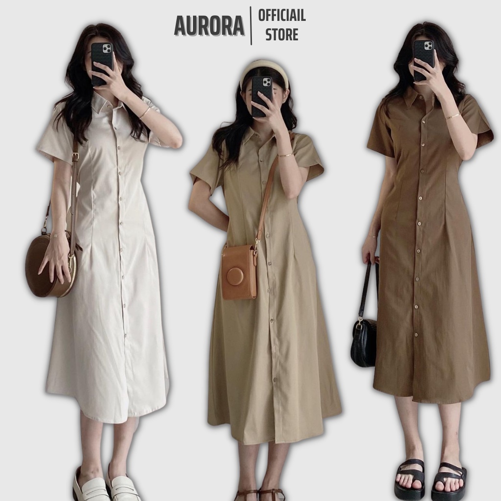 Váy đầm sơ mi thô dáng dài chun lưng chiết eo AURORA
