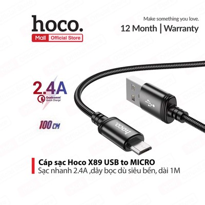 Cáp sạc nhanh Micro Hoco X89  sạc nhanh 2A, hỗ trợ truyền dữ liệu, dành cho Android phone, dài 1m (Màu ĐEN)