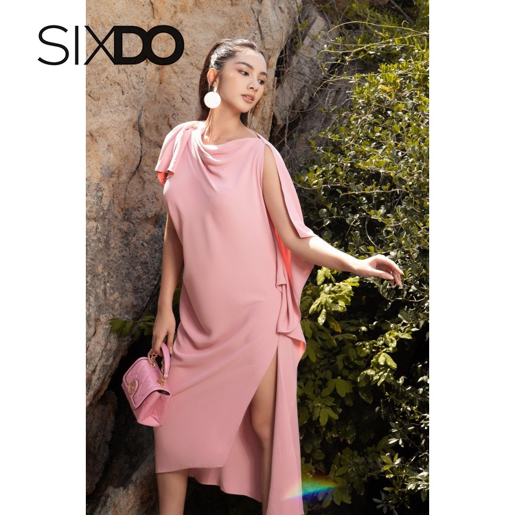 Đầm lụa hồng xẻ tà thời trang SIXDO