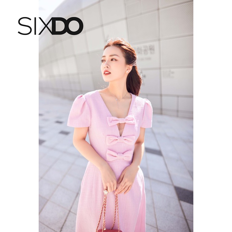 Đầm hồng cổ V phối nơ ngực thời trang SIXDO