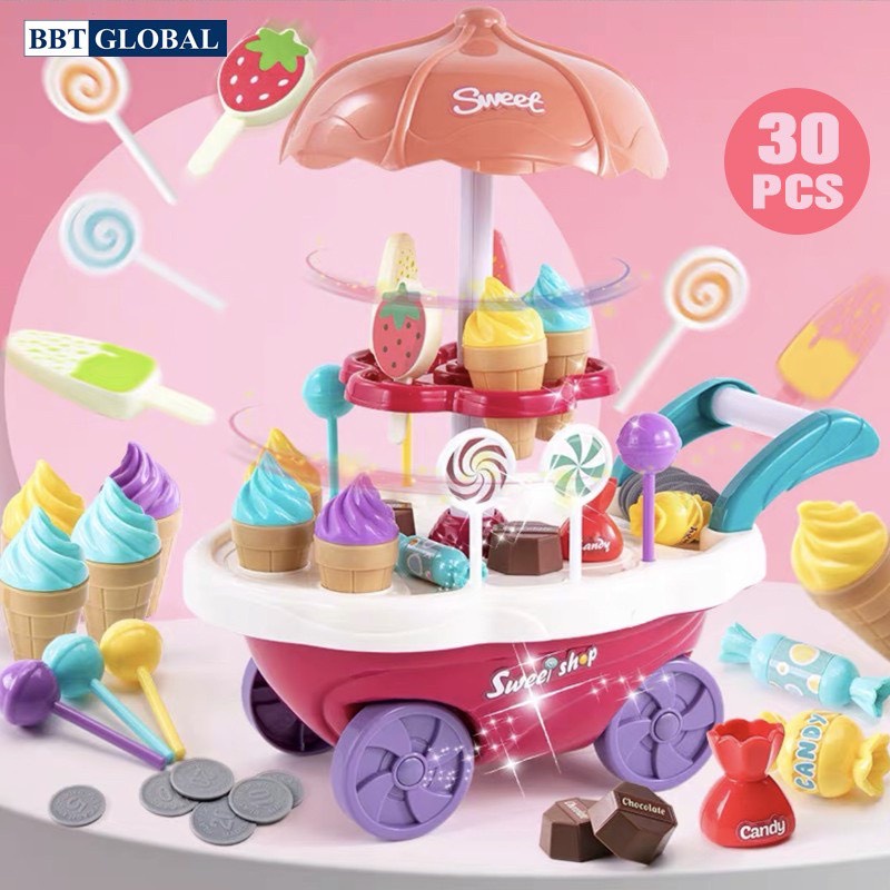 Đồ chơi xe đẩy bán kem cho bé - 30 chi tiết có nhạc có đèn - Đồ chơi thông minh nhập vai bán hàng - Baby chill