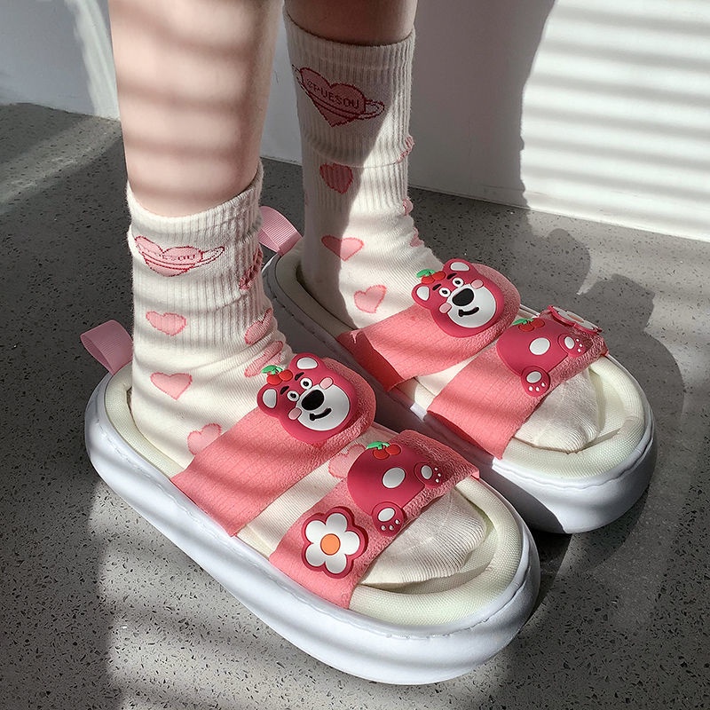 Dép Quai Ngang Đế Dày Gọn Nhẹ In Họa Tiết Hoạt Hình Phong Cách Hàn Quốc Xinh Xắn Cho Nữ