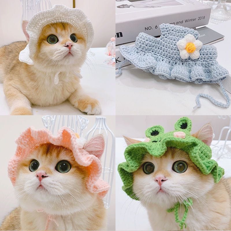 Mũ len chụp tai andmade cho chó mèo siêu cute, có dây buộc, đổi màu ib shop (mũ dâu tây, quả cà, bông hoa)