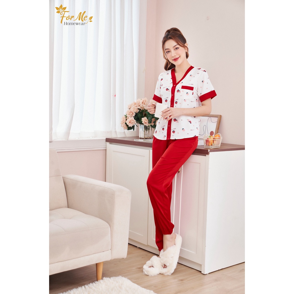 Bộ Lụa Ngắn tay quần dài DÂU TÂY PHỐI QUẦN ĐỎ ỐNG BO CHUN 10, ForMe Pijama