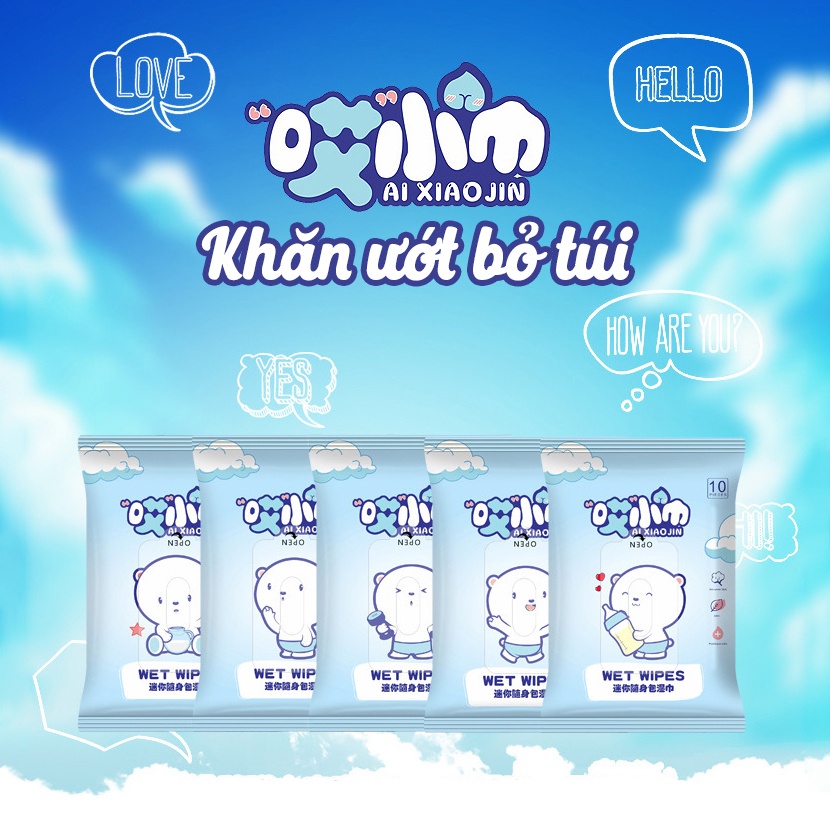 Khăn ướt mini bỏ túi bằng vải không dệt Baby Wipes gói giấy ướt có 10 khăn