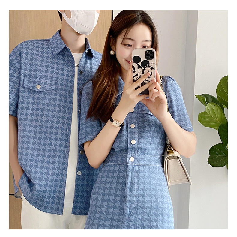 SET ĐỒ ĐÔI TÌNH NHÂN KẺ KARO MÀU XANH CHẤT BÒ MỀM ÁO SƠ MI NAM VÀ VÁY ĐẦM ĐUÔI CÁ NỮ. NEW 2023