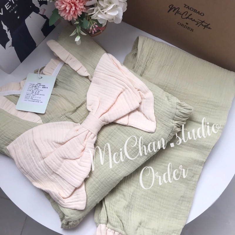 Đồ Ngủ Style Hàn Quốc Tiểu Thư XÔ MUSLIN Nơ Ulzzang