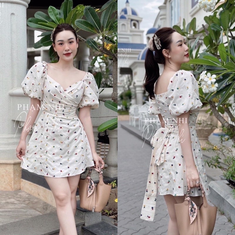 Váy Hoa Thô Tay Bồng Cổ V Thắt Nơ Sau Hàng 2 Lớp Siêu Xinh Có Ảnh Thật Kèm Video