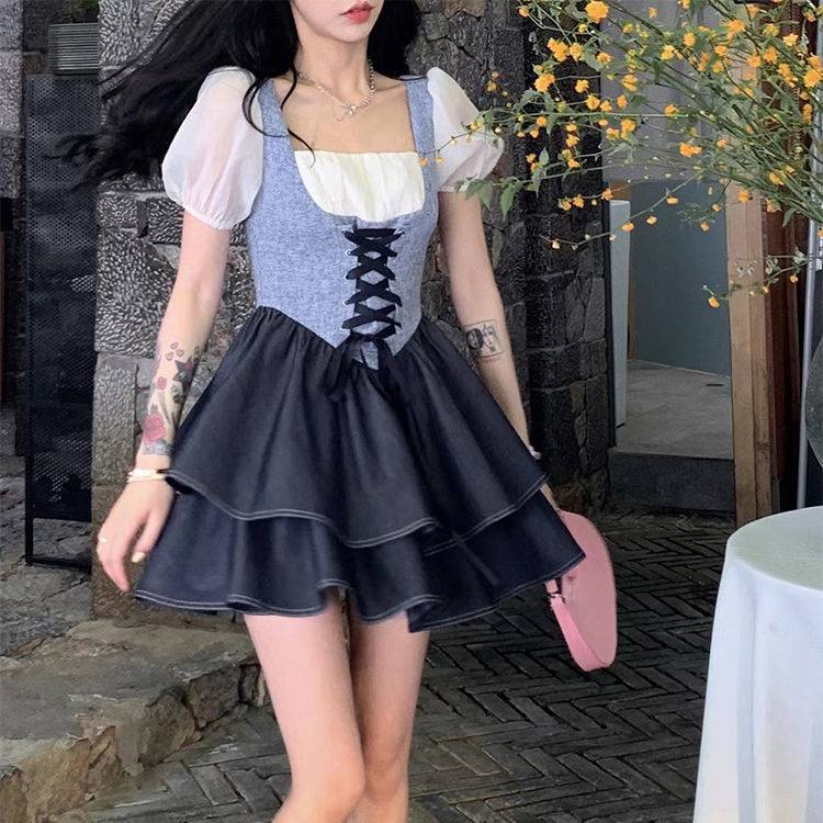 Váy babydoll đâm babydoll đâm du tiec Đầm Ngắn Cổ Vuông Tay Phồng Giả Hai Lớp Thời Trang Mùa Hè Cho Nữ
