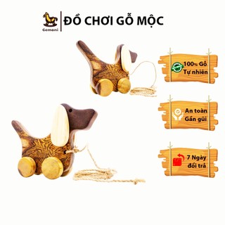 Chú chó lắc tai đồ chơi bằng gỗ, bánh xe di chuyển - đồ chơi gỗ gemoni