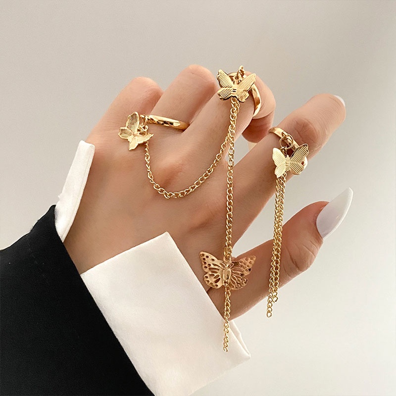 Bộ 3 Nhẫn phối dây xích bướm có thể điều chỉnh Phong Cách Retro Thời Trang cổ điển cho nữ