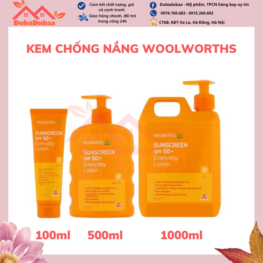 Kem chống nắng Woolworths Everyday Sunscreen SPF 50+ Không Gây Nhờn Rít Dùng Cho Mặt Và Body