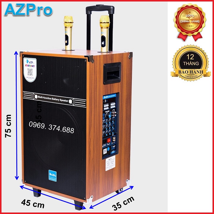 Loa kéo Bluetooth chính hãng AZPRO,AZ-16A Bass 40-3 đường tiếng ,Mạch 10 núm chỉnh REVERB thùng gỗ