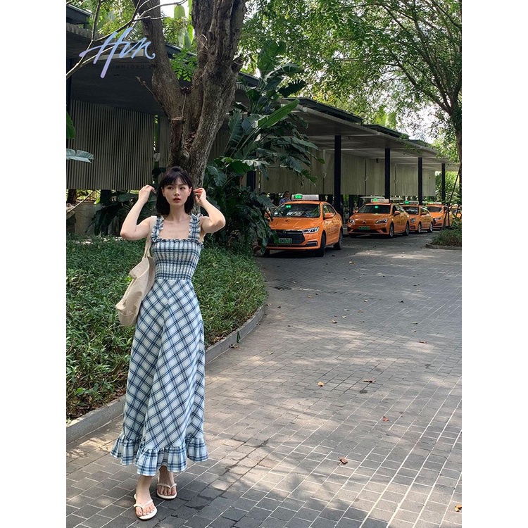 Đầm Hai Dây Cổ Vuông Eo Cao Dáng Dài Họa Tiết Kẻ Sọc Thời Trang Mùa Xuân 2023
