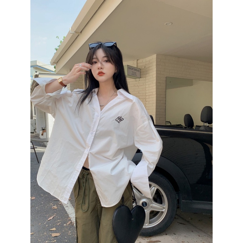 Áo Sơ Mi Trắng Tay Dài Cổ Polo Dáng Rộng Màu Trơn Thời Trang Kiểu Pháp Dành Cho Bạn Nữ