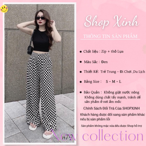 Set Áo Thun 3 Lỗ Mix Quần Suông Caro Đen Trắng Chất Liệu Zip + Lụa Sang Chảnh