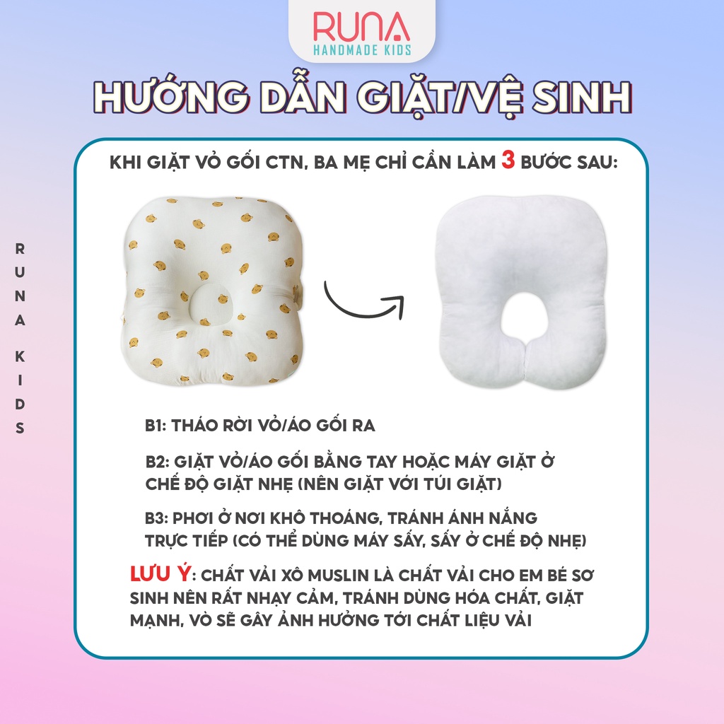 Gối chống trào ngược cho bé Runa Kids vải xô Muslin cao cấp thoáng khí thấm hút tốt an toàn cho bé