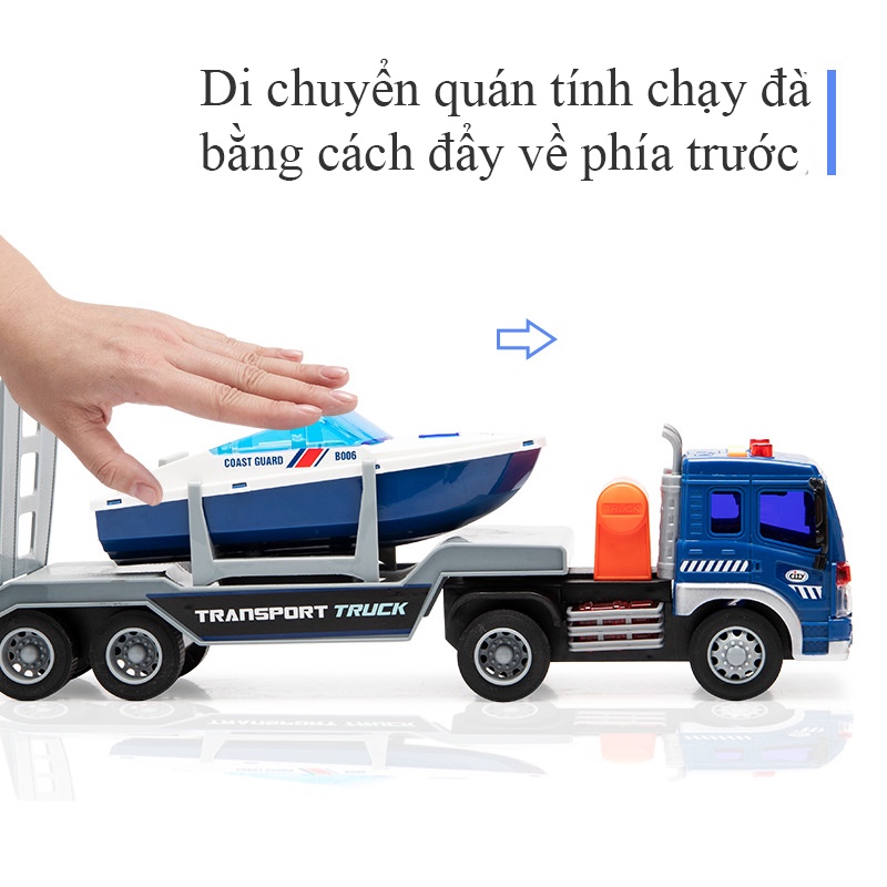 Đồ chơi xe đầu kéo sơ mi rơ moóc chở cano KAVY chạy đà có nhạc và đèn dài nửa mét